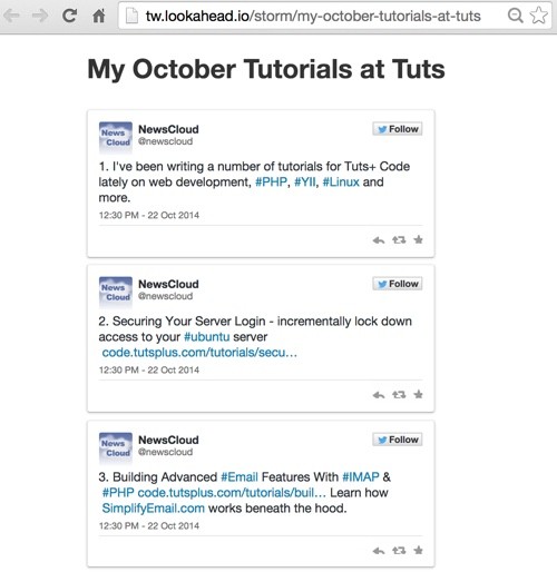 Tweet storm shown publicly on the web with OEmbed HTML