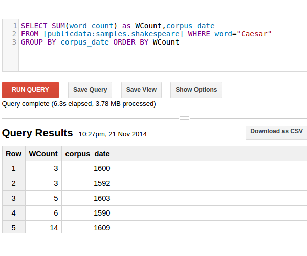 Google BigQuery query and result