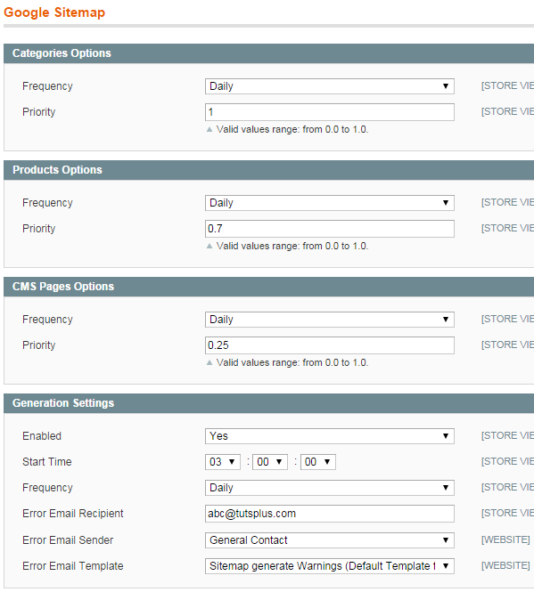 Google Sitemap settings in Magento