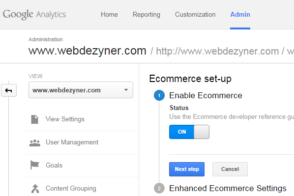 Set Google Analytics Ecommerce Settings to On