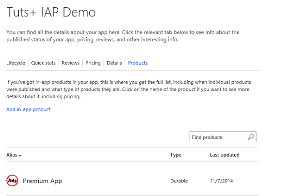 List of in-app products for an app in Windows Phone Dev Portal