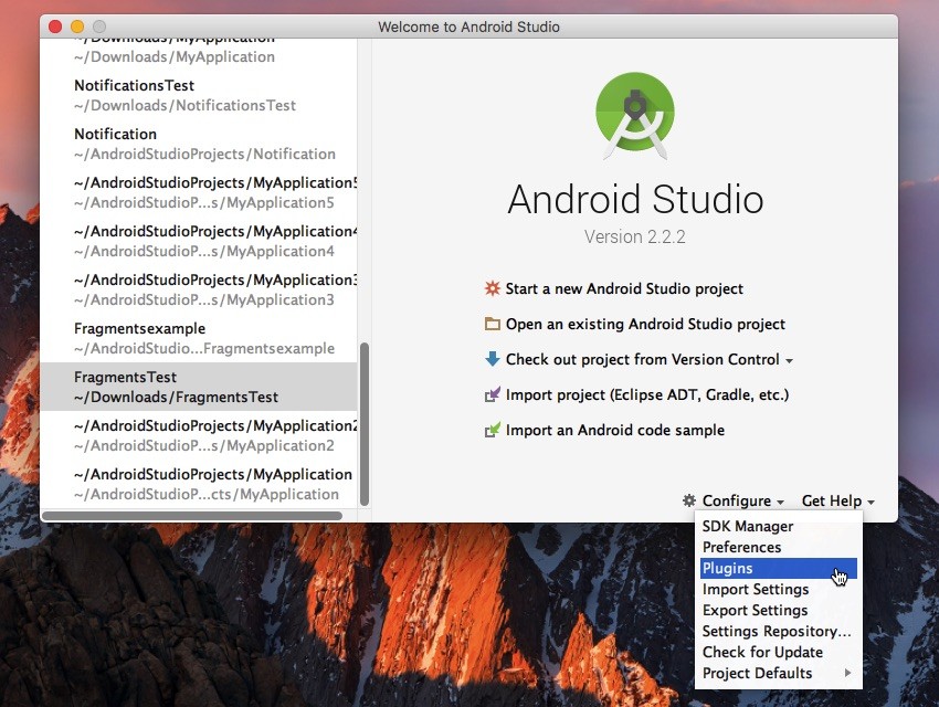 Open Android Studios Configure  Plugins menu