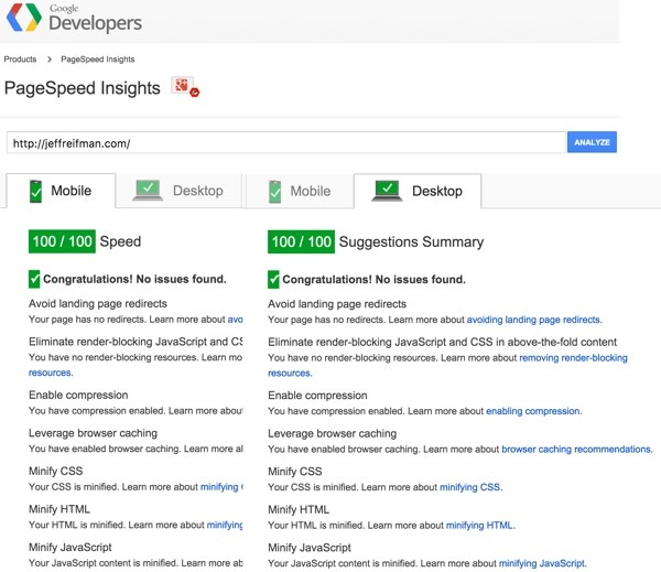 Google PageSpeed Module - Page Insights at 100 for Mobile and Desktop