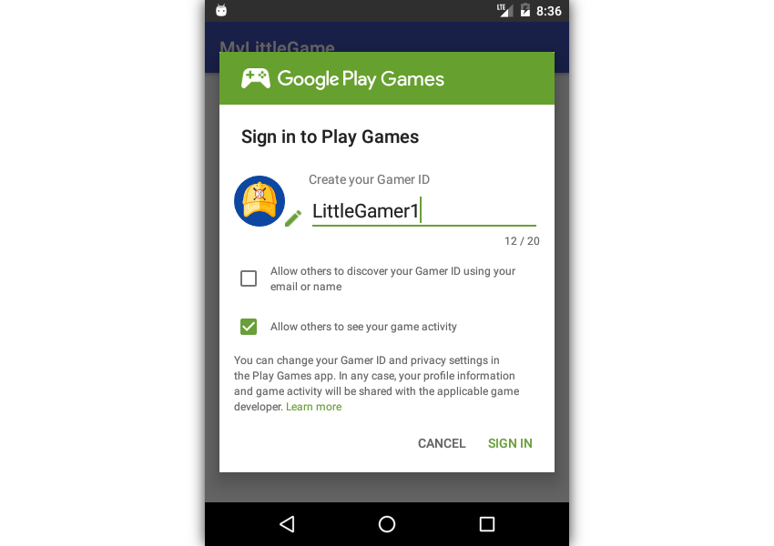 Sign in to Play Games dialog