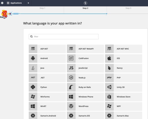 Raygun initial dashboard asking what language your app is written in