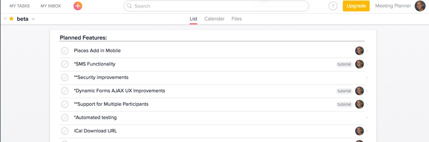 Meeting Planner Asana - Beta Release View of Planned Features