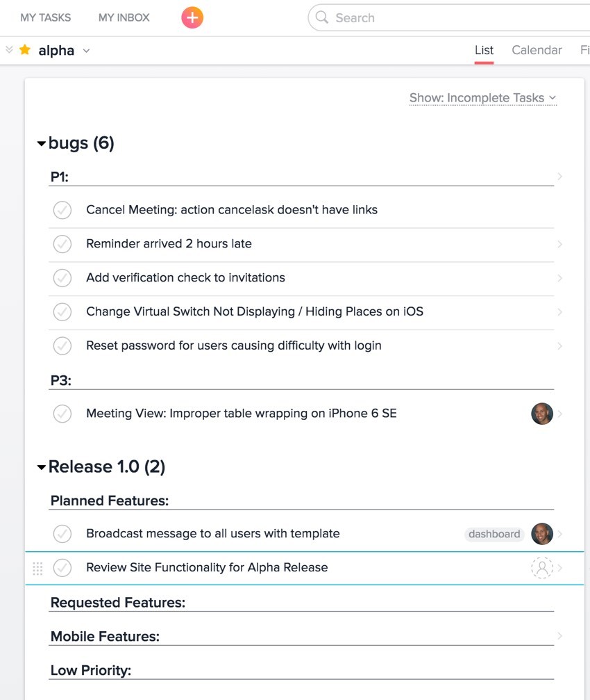 Meeting Planner Asana - The current Asana view of the Alpha Release