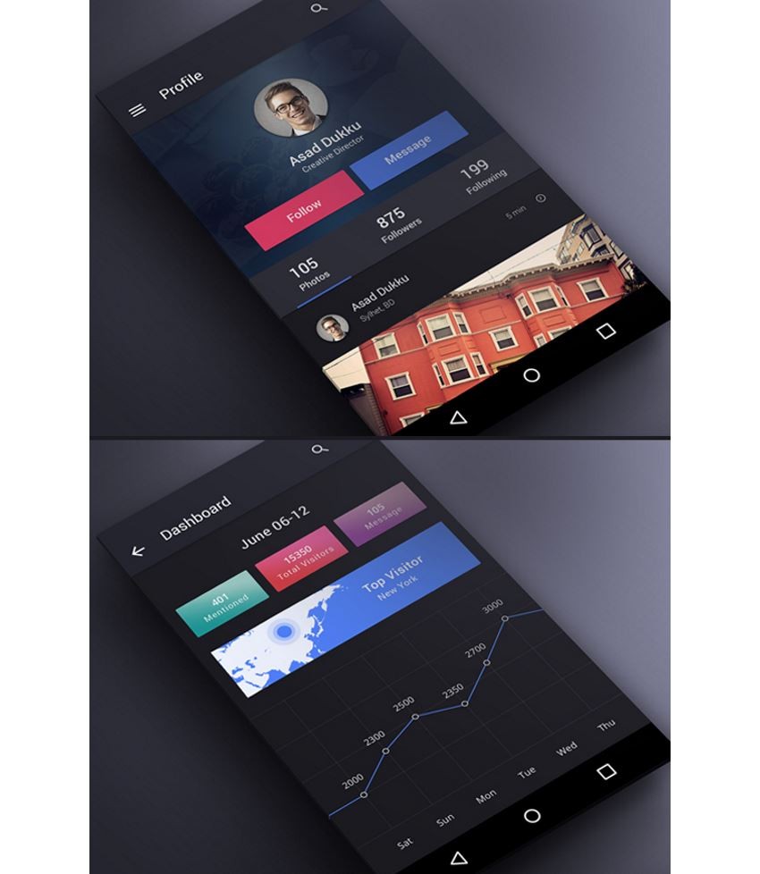 Dark UI Kit profile screen and dashboard