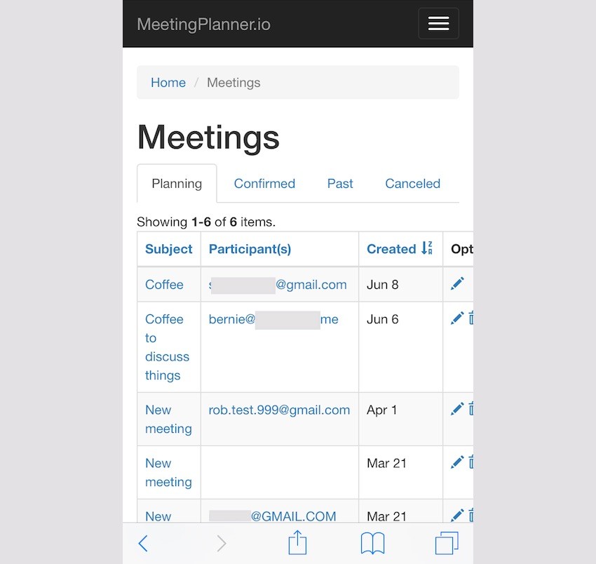 Meeting Planner Responsive Web - Meetings List