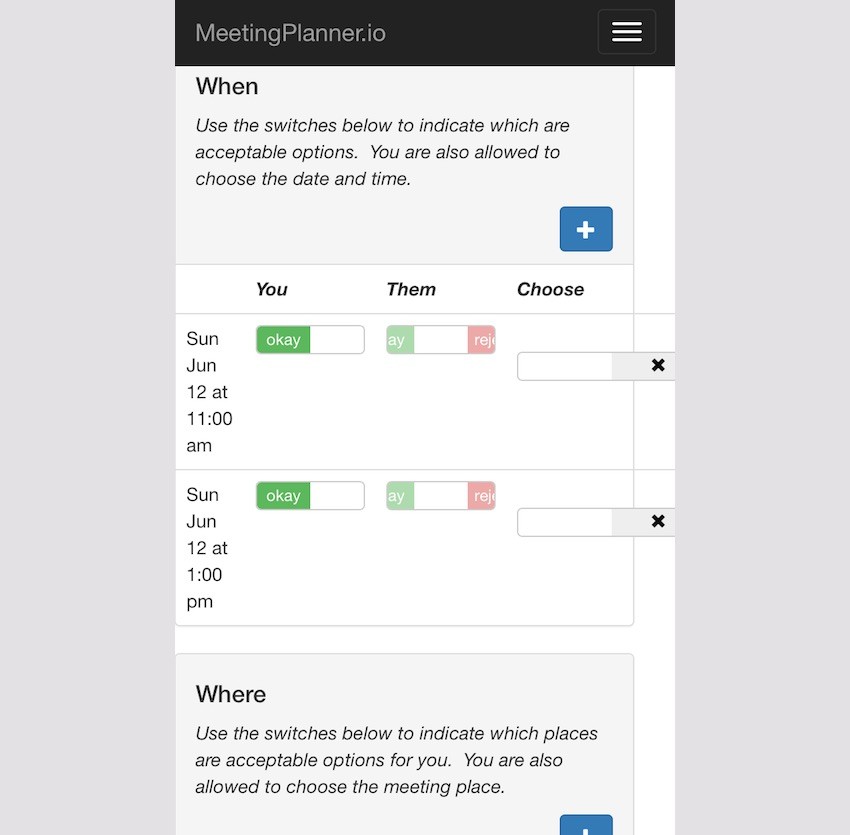 Meeting Planner Responsive Web - When Times Form with Switches
