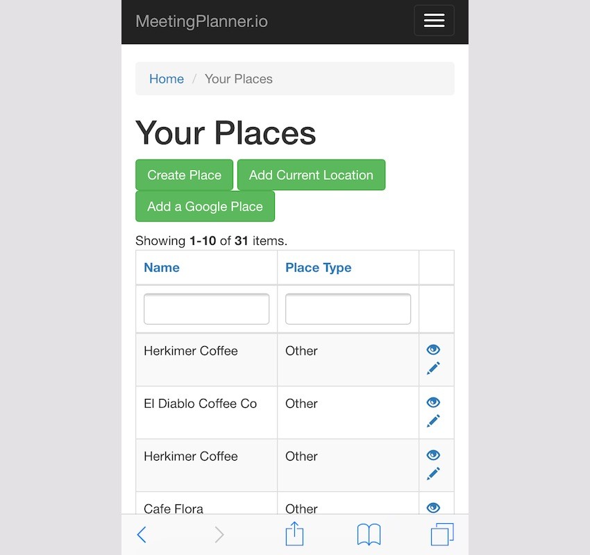 Meeting Planner Responsive Web - Add Places Form