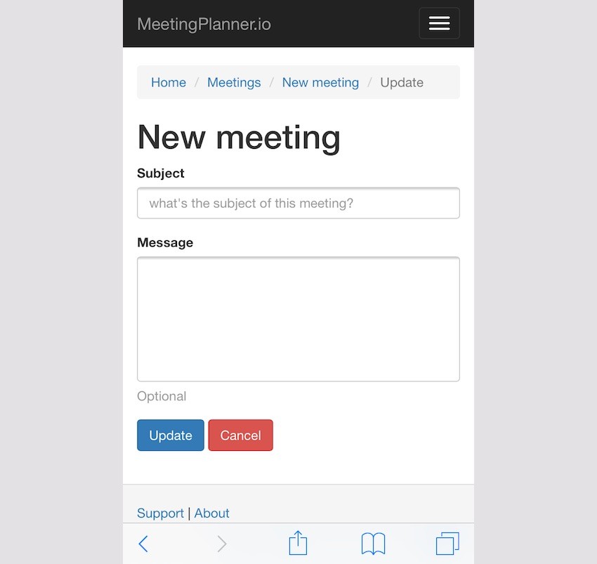 Meeting Planner Responsive Web - New Meeting Subject Form
