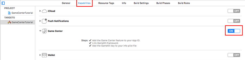 Enable Game Center in the Capabilities tab