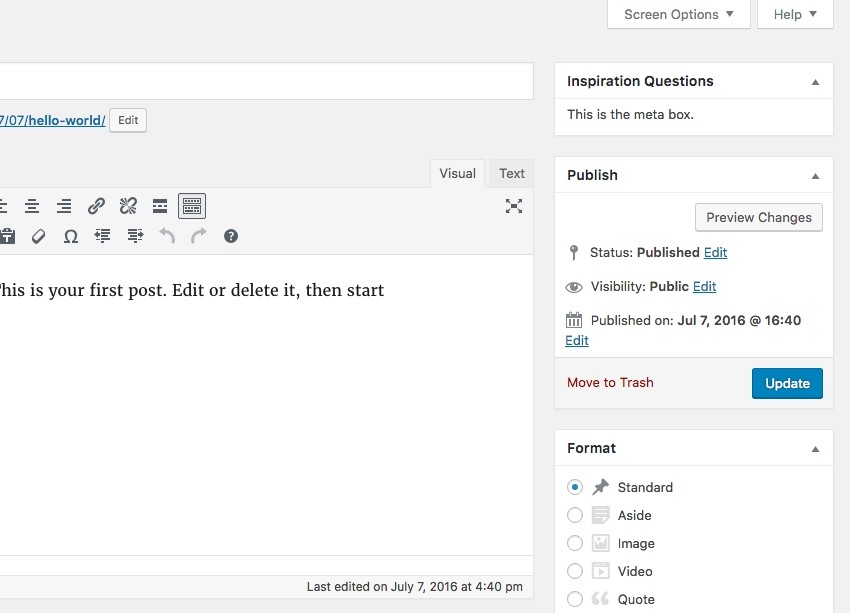 Our Meta Box appearing on the New Post  Edit Post page