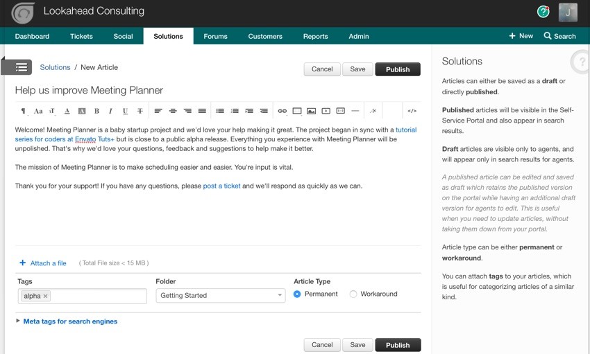Meeting Planner Support - Fresh Desk Knowledge Base Editing