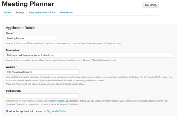 Building Your Startup OAuth - Twitter Dev App Settings
