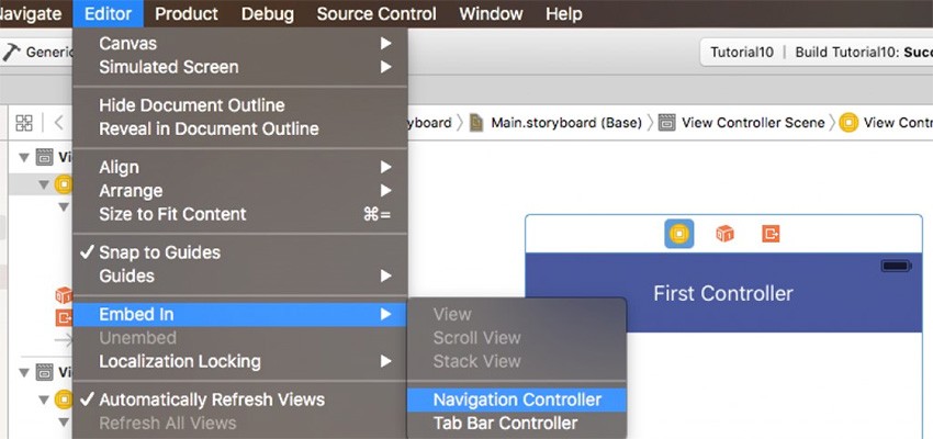 Choosing Navigation Controller from the Editor menu