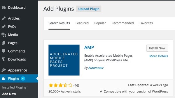 AMP for WordPress - Search for AMP plugin and Install button