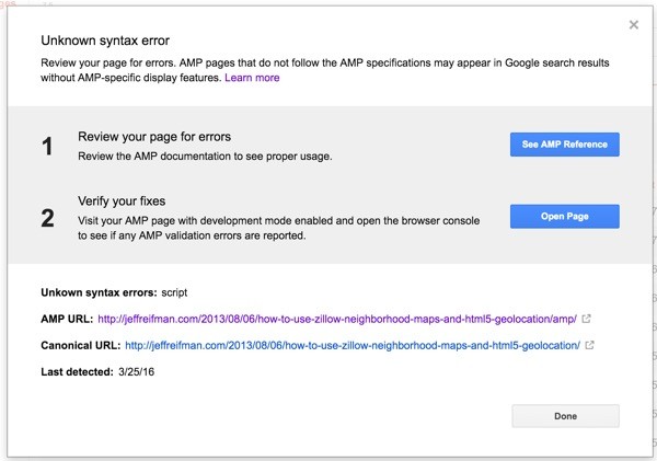 AMP for WordPress - Page Detail of AMP Error in Google Search Console