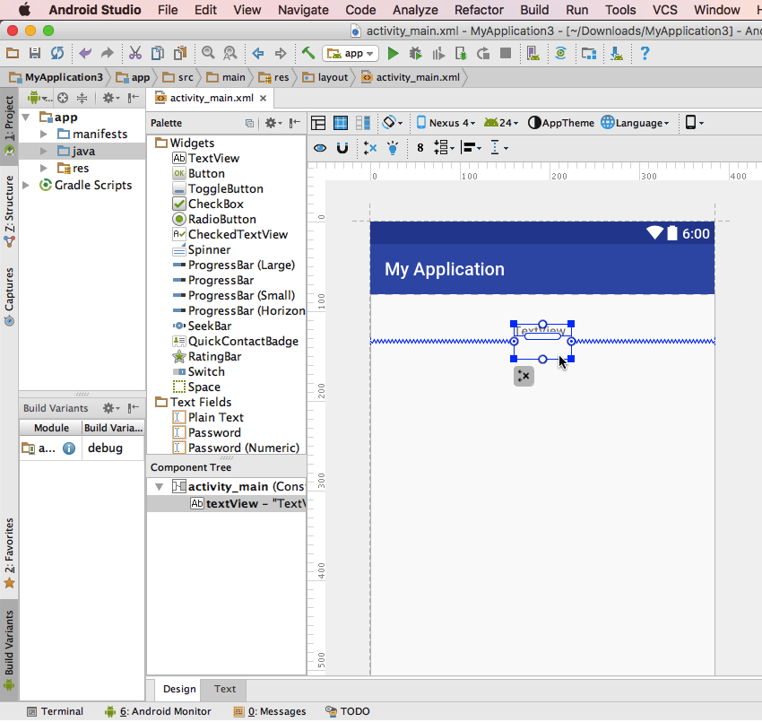 Drag the TextView widget into the correct position and Android Studio will create constraints automatically