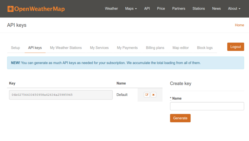 OpenWeatherMap generate API keys