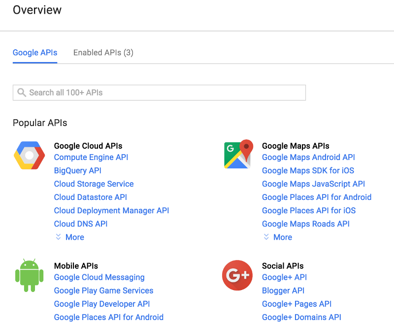 Google API Console Overview screen