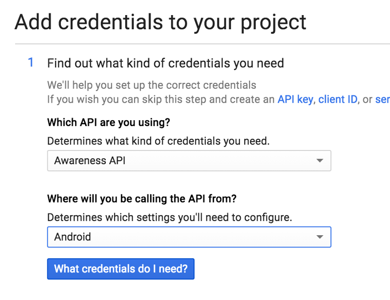 Google API Console Add credentials to your project