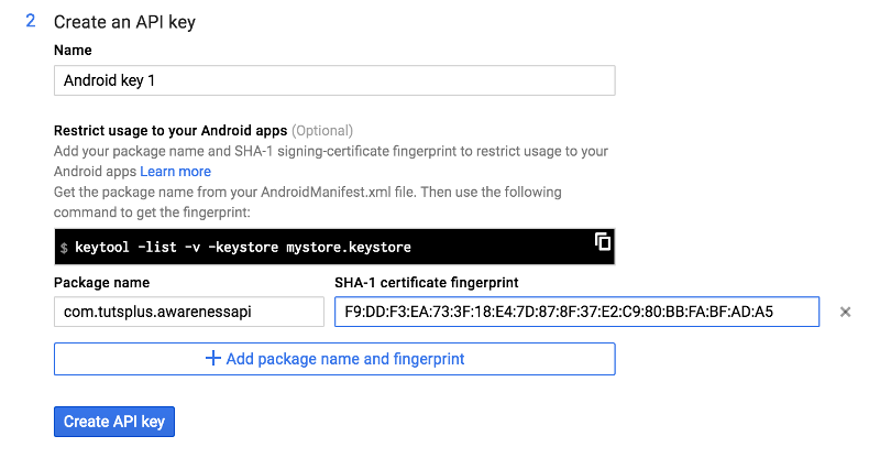 Google API Console Add SHA1 fingerprint and package name to project
