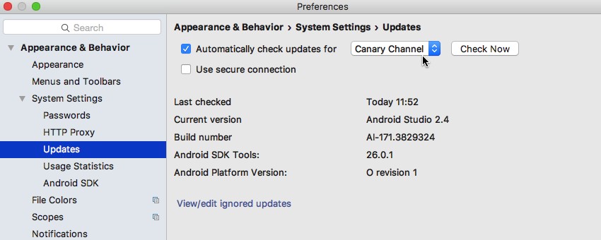 Switch to the Android Studio Canary Channel