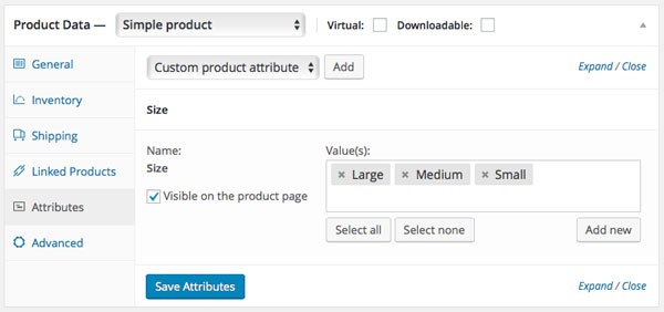 Adding product attributes in the product editing screen