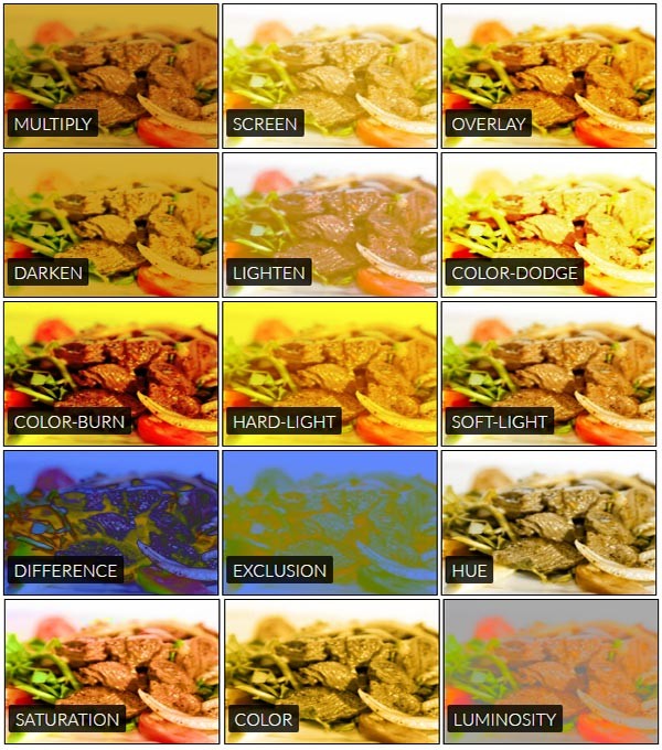 Example of image blended with yellowish color using different blend modes