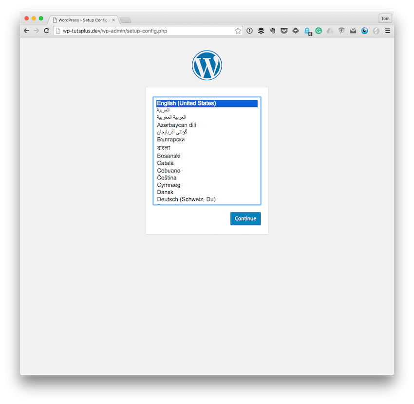 The WordPress installation screen