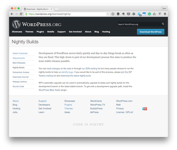The Nightly Builds page for the WordPress project