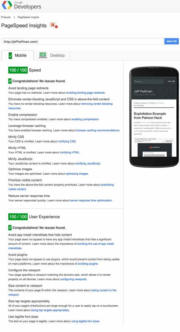 Mobile PageSpeed score 100