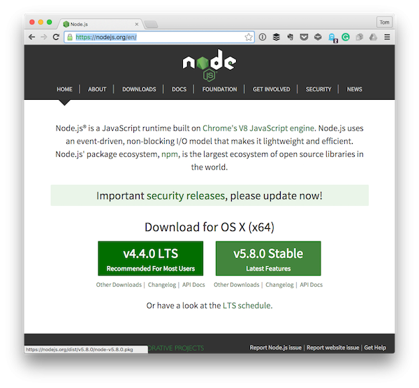 The homepage for Nodejs a runtime engine for writing JavaScript on the server