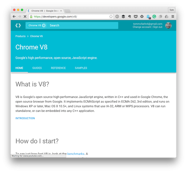 The landing page for Chrome V8 Googles JavaScript Engine