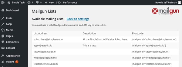 Mailgun WordPress Plugin - WordPress Plugin Mailing Lists Index