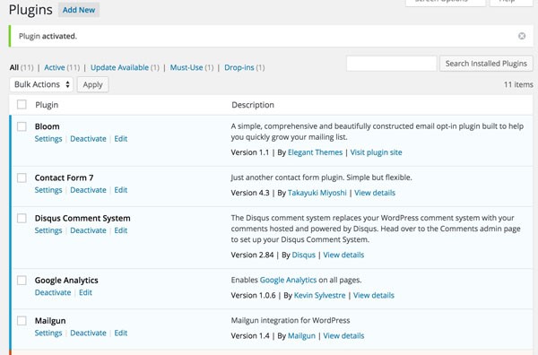 Mailgun Plugin - WordPress Plugin List After Installing