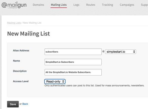 Mailgun Plugin - Mailgun Create a Mailing List