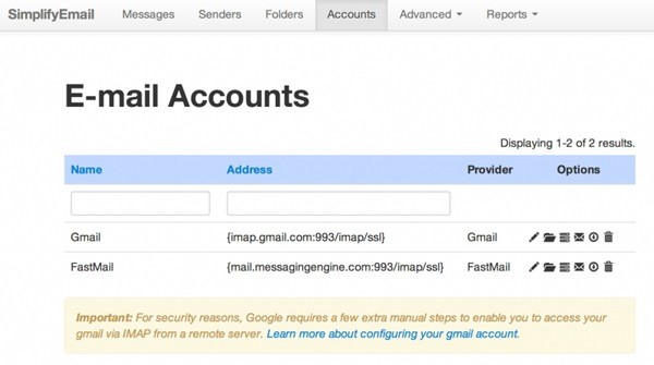 The Simplify Email Accounts Configuration Page