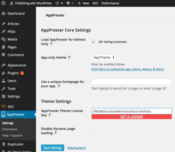 The AppPresser Settings Page