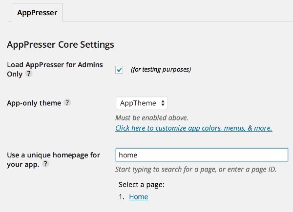 AppPresser Settings Select App Home Page
