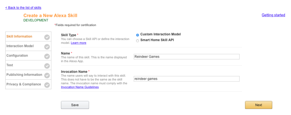 Create a New Alexa Skill Configuration Screen