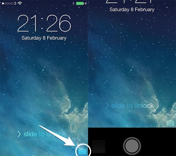 Tapping the camera icon causes the lock screen to slide up revealing that the camera is hidden behind it