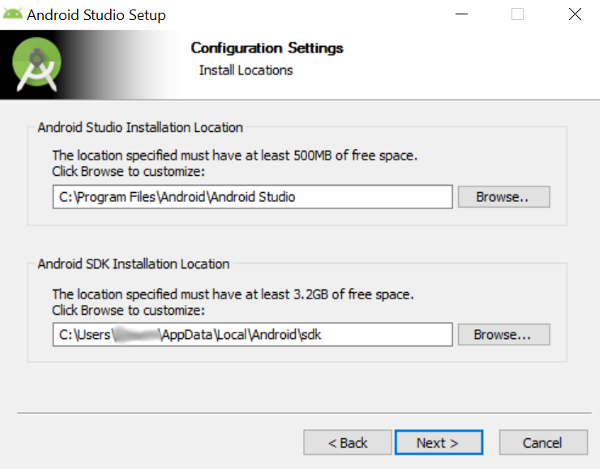 Android Studio Install Location Configuration Screen