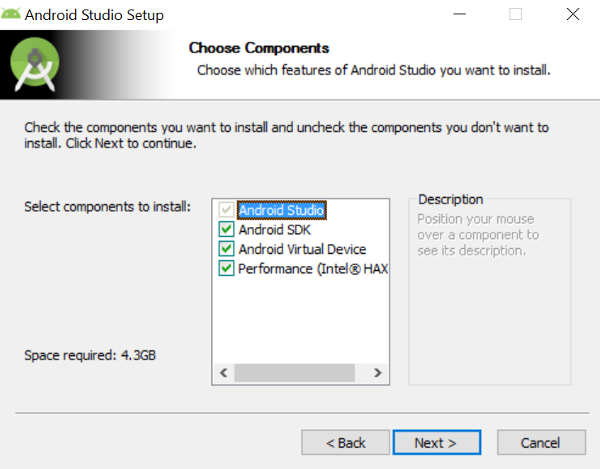 Android Studio Components Selection Screen