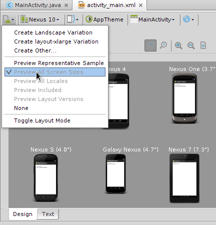 Android Studio Previewing Screen Sizes