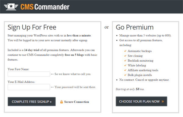 CMS Commander sign-up page