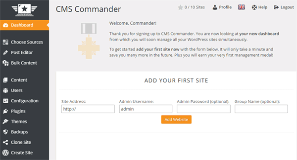 Adding your websites in the CMS Commander dashboard