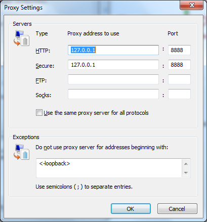 Figure 7 Proxy settings in Internet Explorer